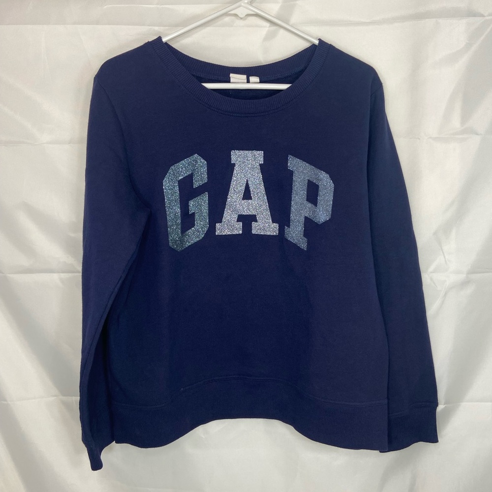 EUC GAP women’s navy blue glitter decal fleece lined long crewneck sweatshirt L